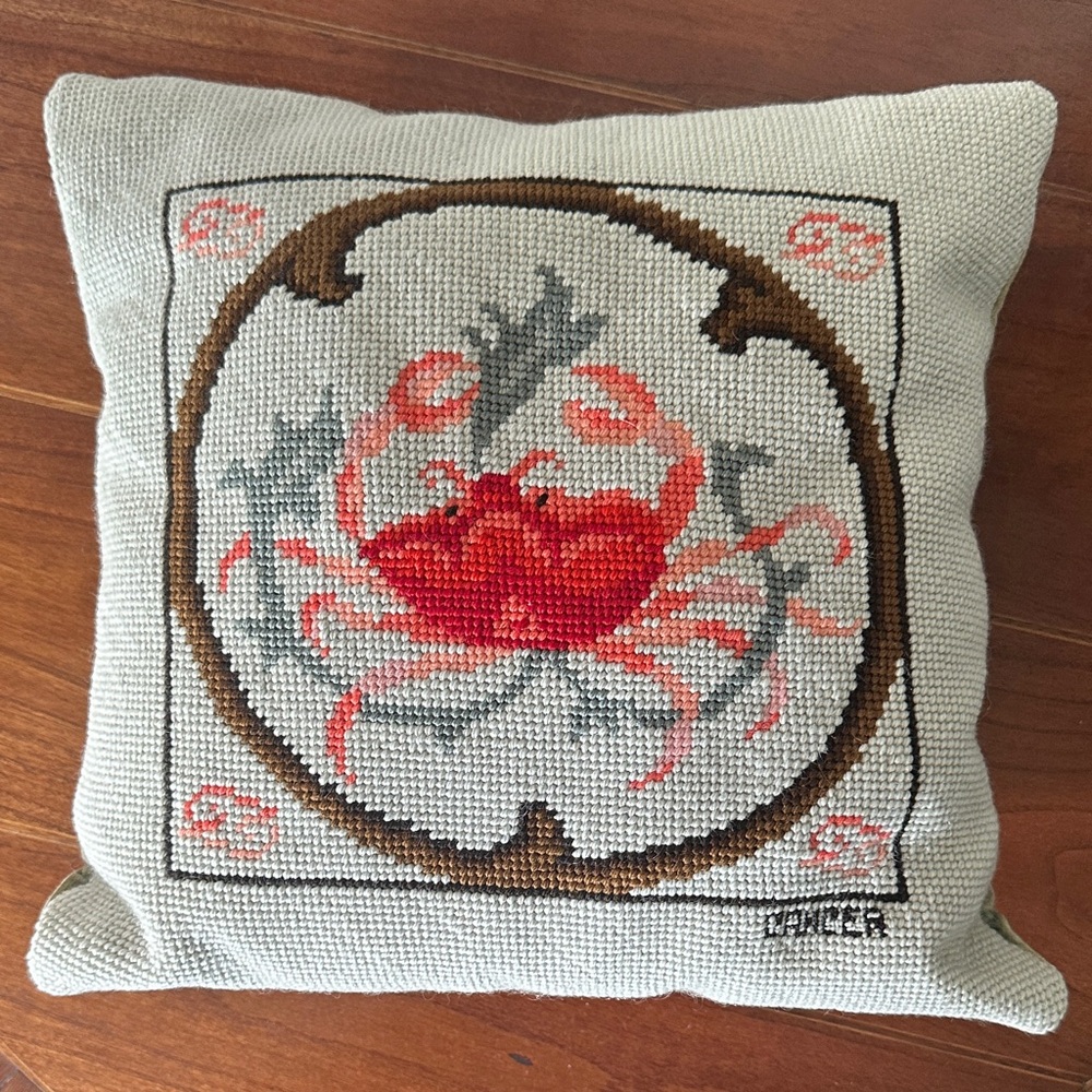Cancer the Crab Zodiac Design Needlepoint Pillow 12”x12”